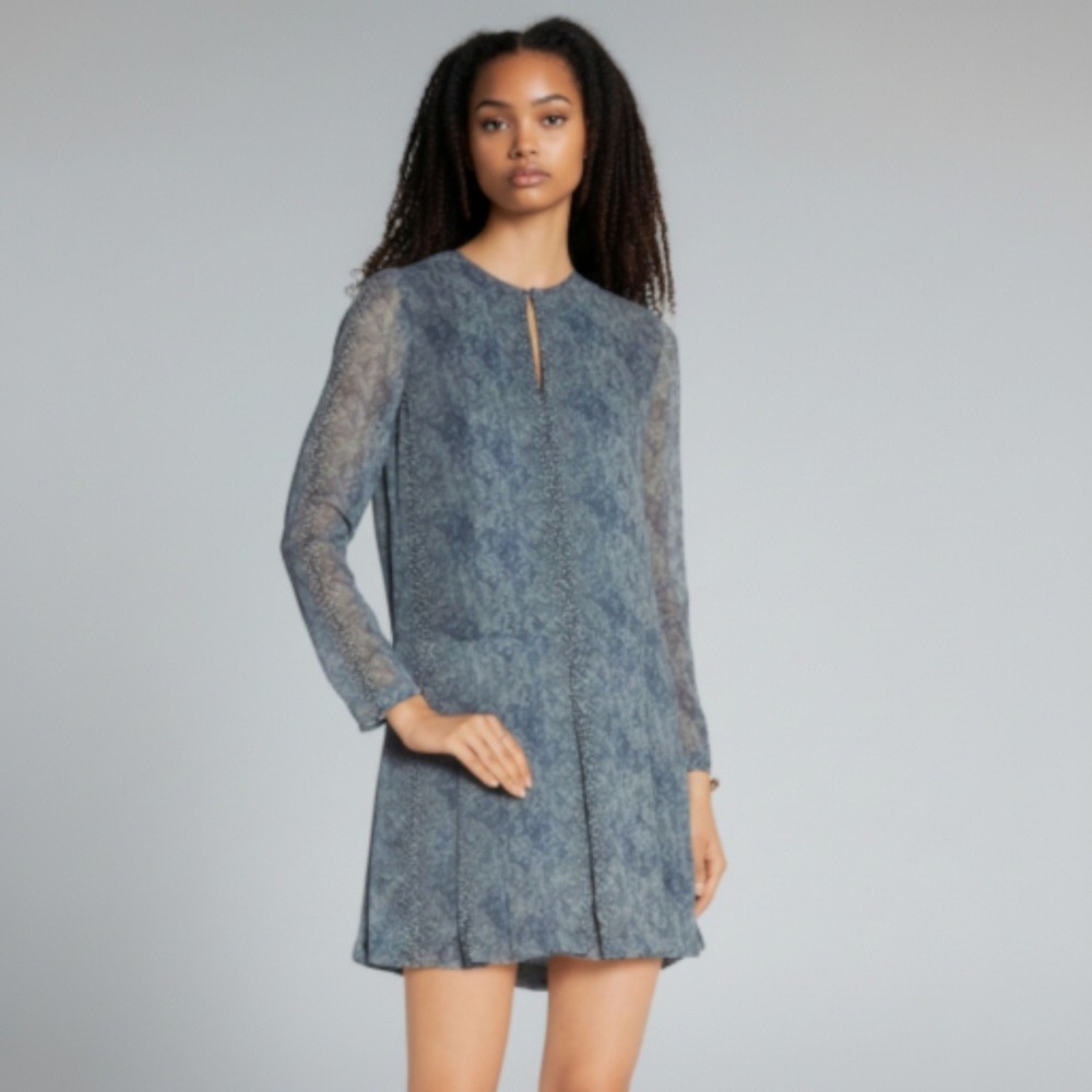 Tory Burch 10 Blue Silk Snakeskin Print Long Sleeve Shift‎ Dress Minimalist Work